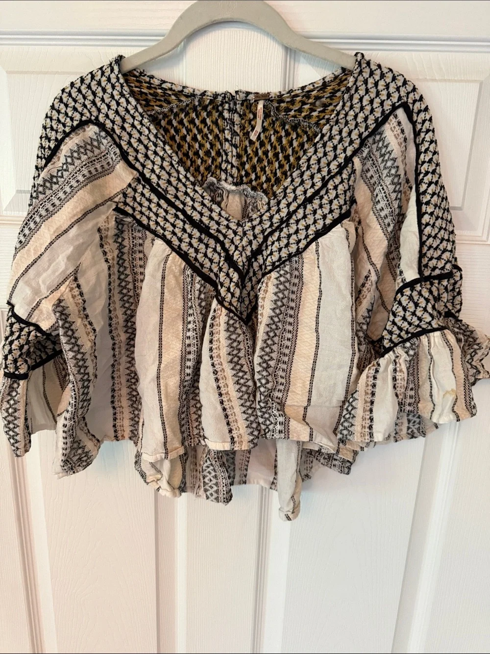 Free People Cream and Black Striped Boho Peasant Blouse